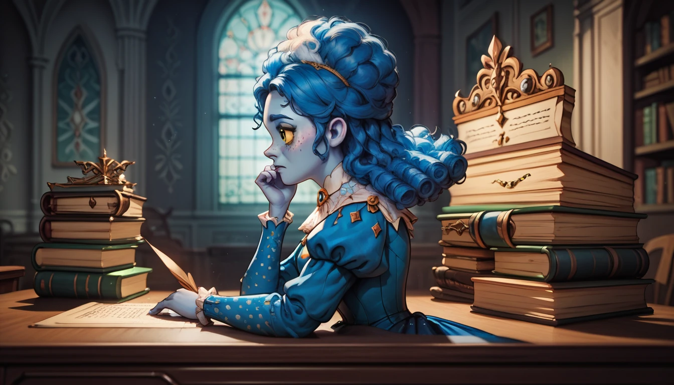 high definition, cute face, frankelda, 1girl, solo, dress, striped, blue hair, puffy sleeves, colored skin, freckles, baroque, upper body, sitting down on green baroque chair, hands on top of a desk, writting in a book, detailed background, dark floral wallpaper, yellow sclera, pile of books aside, side view, look up, sad, night, writting letters