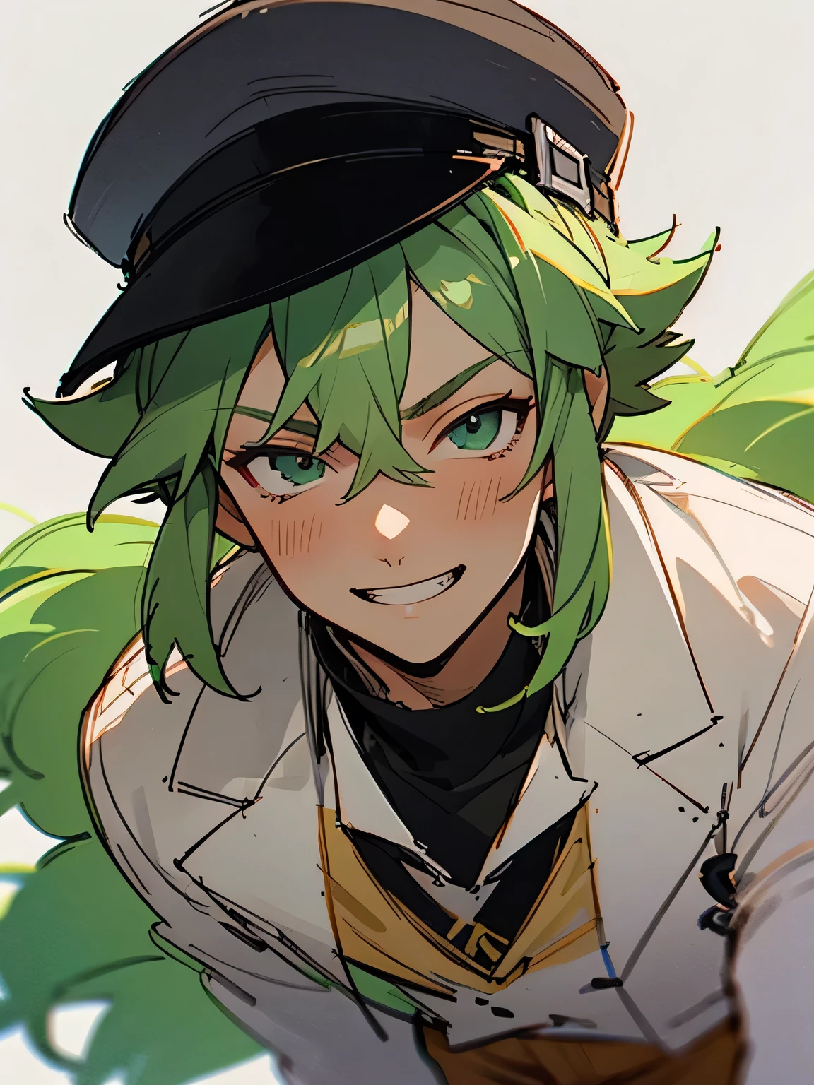 solo,upperbody,close up face,grin,Natural Harmonia Gropius , male focus, white jacket, black shirt, tan pants, hat, very long green hair, closeup,bouguereau, looking at viewer,  (manga style),(sketch),(illustration),