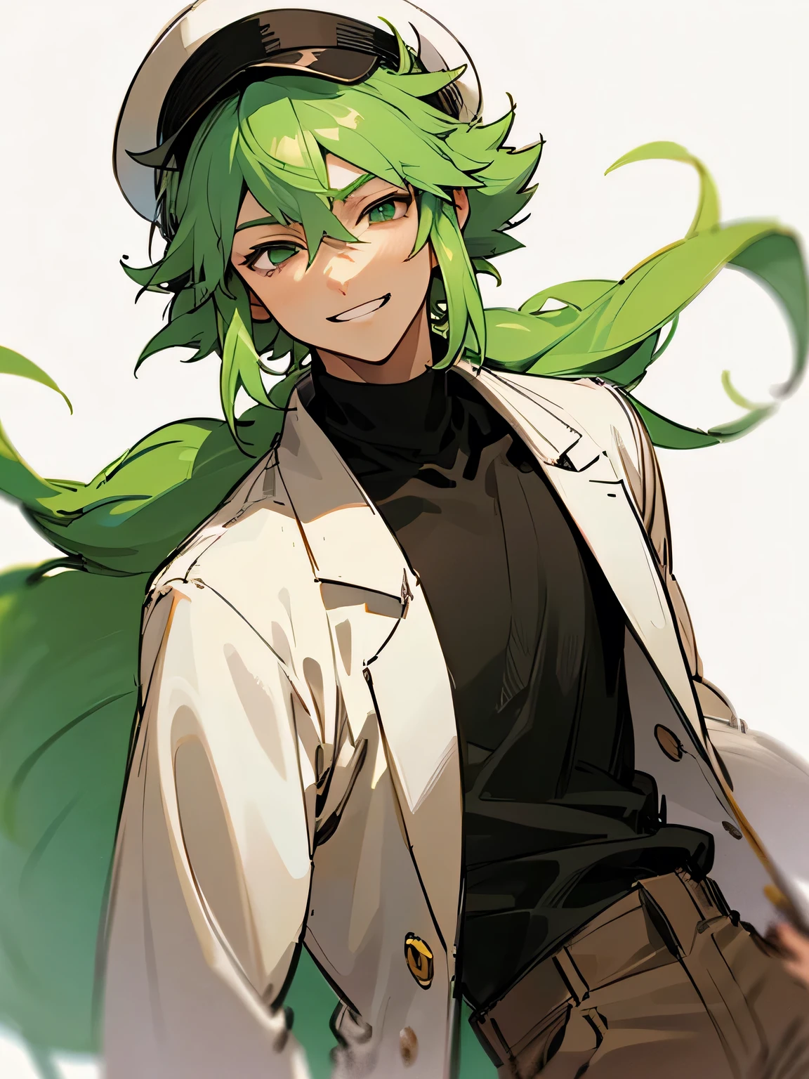 solo,upperbody,close up face,grin,Natural Harmonia Gropius , male focus, white jacket, black shirt, tan pants, hat, very long green hair, closeup,bouguereau, looking at viewer,  (manga style),(sketch),(illustration),