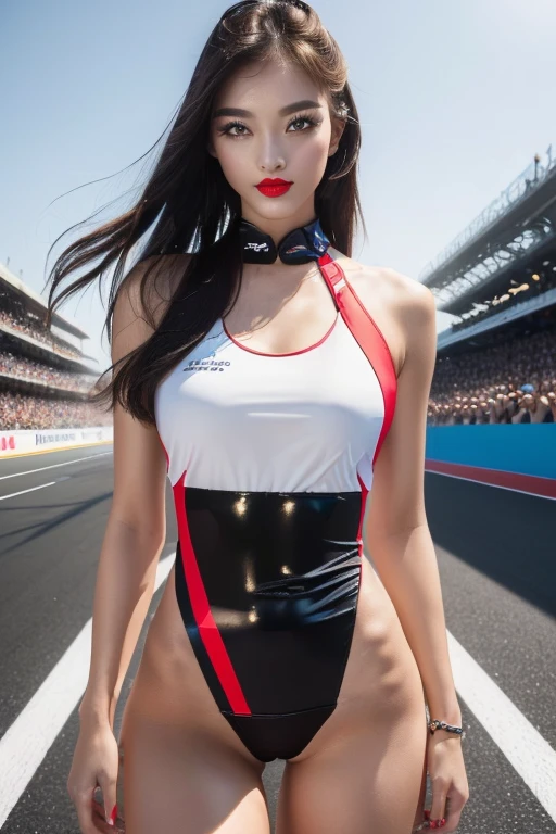 (masterpiece:1.4)、(premium:1.4)、 1 girl in, The fascinating girl on the F1 grid, looking at the viewers, Alone ,realisitic,(shiny skin),(masterpiece:1.4),(premium:1.4),Red lips、racing venue, mono, thigh gap, perfect hands, Perfect eyes
