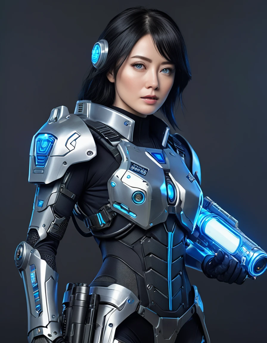 Female police officer wearing exoskeleton cyber armor, The armor is tight fitting and he holds a plasma gun in his hand., Whole-body view, Maximum details, Great quality with detailed drawings, 8k,chest, blue eyes, blue eyes, Look at, Look at, High resolution, Ultra high definition, Highest quality, Shortcuts, Black Hair, 大きなchest, Cinematic light effects, Futuristic, 