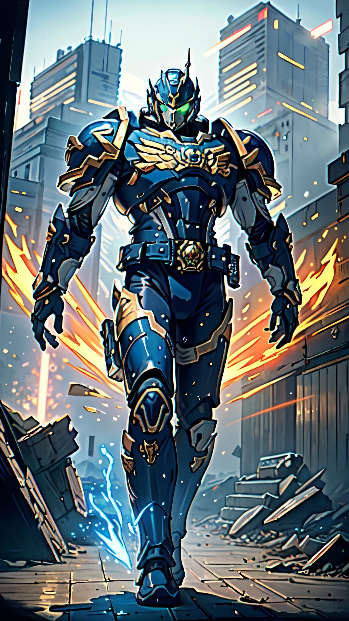 (masterpiece:1.5, best quality:1.5, extremely delicate:1.5), ((male:1.5)), a man wearing a full-face helmet, a biotech armored combat suit, green eyes, (a composite layered chest armor), fully enclosed shoulder guards, matching arm and leg guards, a belt of gemstone, (the color scheme is primarily White with Blue and Red accents), the design balances heavy with agility, a high-tech bio-mecha armor, (Armor Concept Inspired by Space Marines, stand of a futuristic sci-fi city), this character embodies a finely crafted fantasy-style armored hero in anime style, exquisite and mature manga art style, (element, plasma, energy, the armor glows), metallic, high definition, highres, ultra-detailed, ultra-fine painting, professional, perfect body proportions, golden ratio, anatomically correct, symmetrical face, extremely detailed eyes and face, high quality eyes, creativity, RAW photo, UHD, 32k, Natural light, cinematic lighting, masterpiece-anatomy-perfect