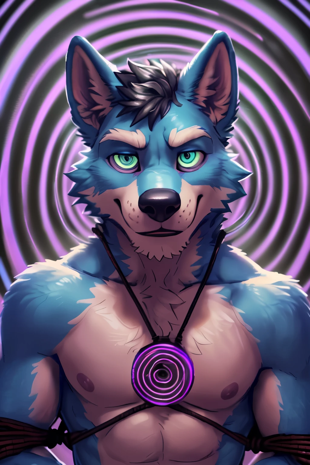 (((light blue fur wolf, nijimale, crotch bulge, ((Uploaded on furaffinity:1.5), (uploaded on e621:1.5), ((detailed background)), (happy, wide eyes, cute), [realistic proportions], [explict content], [sharp focus], (shaded), ((masterpiece)), high quality, digital art, drawing, HD 4k, dreamlikeart, lens flare, upper body, looking at viewer, ((Hypnosis)), ((Being hypnotized:1.75)), (Hypnotic Spiral eyes), (Hypnotic spiral background), ((bondage:1.75), (solo portrait:2), looking at the viewer close to the viewer,big muscles, mature male, bara, male focus, muscular male, muscular, by takemoto Arashi, no shirt, no pants, muscular toned, muscles, really really huge abs))), big chest, day, sensual, detailed, uploaded to e621, beautiful and detailed of an anthropomorphic , (((male))) uploaded to e621, zaush, foxovh, movie lighting, alone, movie cover, detailed, 8k res, hires, detailed eyes, good anatomy, good perspective, towards viewer, by bebebebebe, by sicklyhypnos, by gerkk, by orf, nice hands, perfect hands, happy, romantic, ray tracing lighting, rtx on