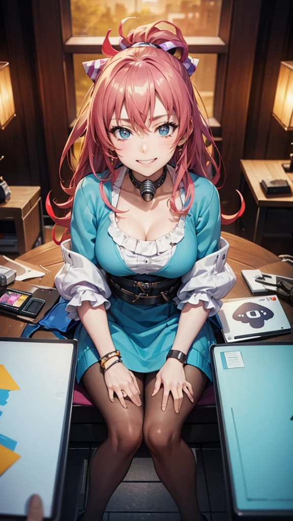 A woman sitting at a table，Laptop and microphone in hands, Sitting in front of the microphone, Twitch Streamers, Twitch Streamers/Ludwig the Gamer, Accept an interview, Accurate portrait, Smile and take control, Hours 3 Hours 3, With a happy expression, Accurate expression, in front, Pop Art, shutter, Studio shot, Very vivid, Realistic Anime, painting,