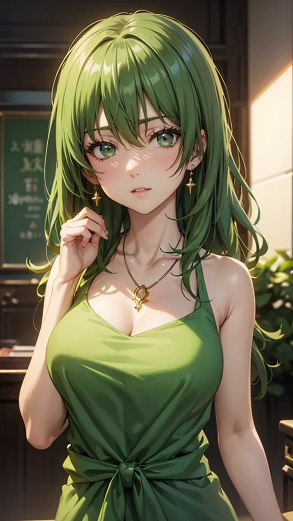 A woman in a green dress、Close-up of woman wearing necklace, guweiz style artwork, Realistic anime 3D style, Beautiful anime portrait, Anime realism style, Detailed portrait of anime girl, Beautiful character painting, author：Yang J, Stunning anime face portraits, Realistic anime style, Portrait of anime girl, Beautiful anime style