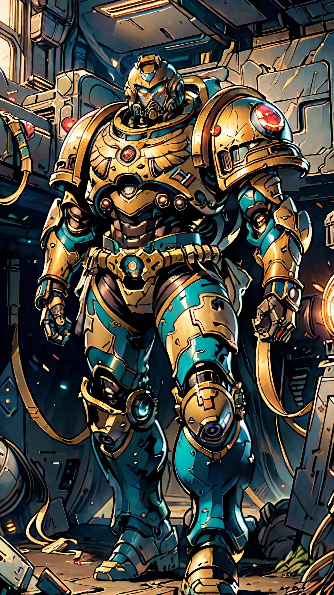 (masterpiece:1.5, best quality:1.5, extremely delicate:1.5), ((male:1.5)), a man wearing a full-face helmet, a biotech armored combat suit, green eyes, (a composite layered chest armor), fully enclosed shoulder guards, matching arm and leg guards, a belt of gemstone, (the color scheme is primarily White with Blue and Red accents), the design balances heavy with agility, a high-tech bio-mecha armor, (Armor Concept Inspired by Space Marines, stand of a futuristic sci-fi city), this character embodies a finely crafted fantasy-style armored hero in anime style, exquisite and mature manga art style, (element, plasma, energy, the armor glows), metallic, high definition, highres, ultra-detailed, ultra-fine painting, professional, perfect body proportions, golden ratio, anatomically correct, symmetrical face, extremely detailed eyes and face, high quality eyes, creativity, RAW photo, UHD, 32k, Natural light, cinematic lighting, masterpiece-anatomy-perfect