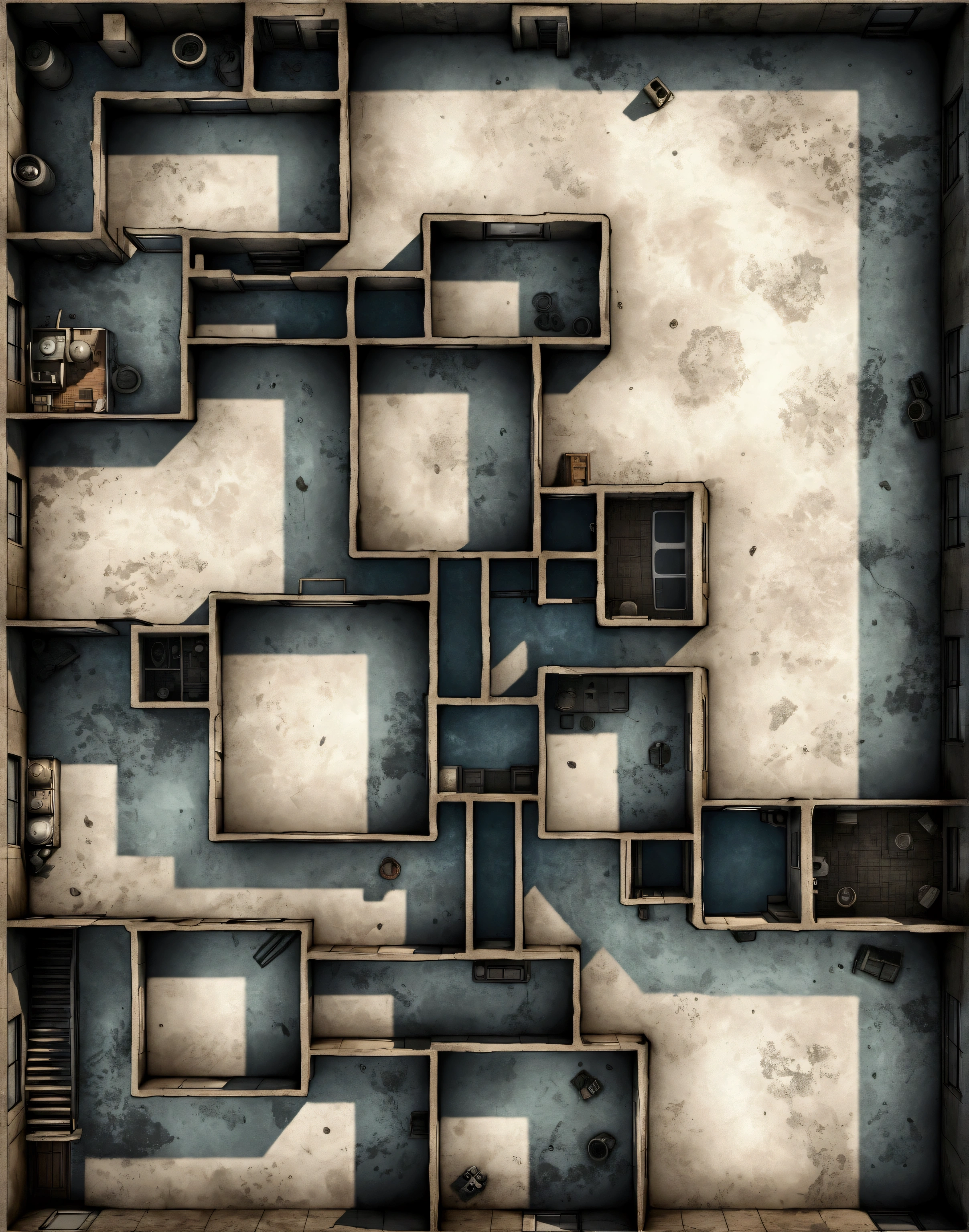 2D flat map, top-down view, bunker layout based on provided sketch, minimal depth, clear floor plan, simple, flat design, Amnesia The Bunker map style, parchment texture, thick black outlines, detailed inside rooms, functional map, survival horror, industrial feel, strategic layout, old paper, dark post-apocalyptic atmosphere, flat, minimalist, clean lines, cold and eerie, no decoration outside square borders, follow the sketch layout exactly, thick black outlines
