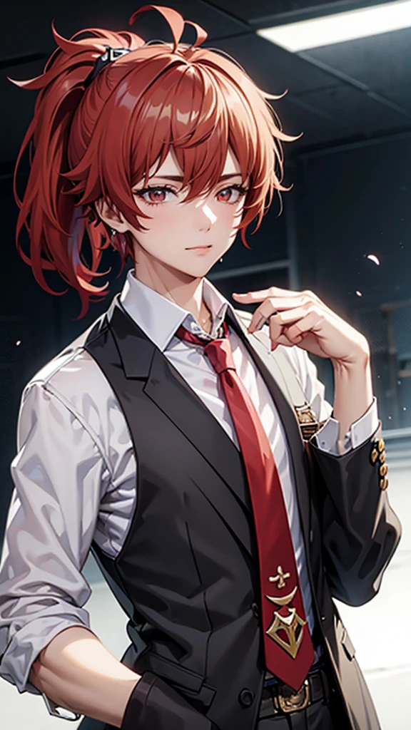 masterpiece, best quality, long time ago (Genshin Impact), 1 boy, Male focus, Red hair, [Red Eyes, Long hair, Solitary, Simple background, White background, Hair between the brows, Bangs, Shut up, Ponytail, spark, Looking at the audience, Antenna Hair, Off-shoulder, shirt, jacket, portrait, black shirt, tie, collared shirt