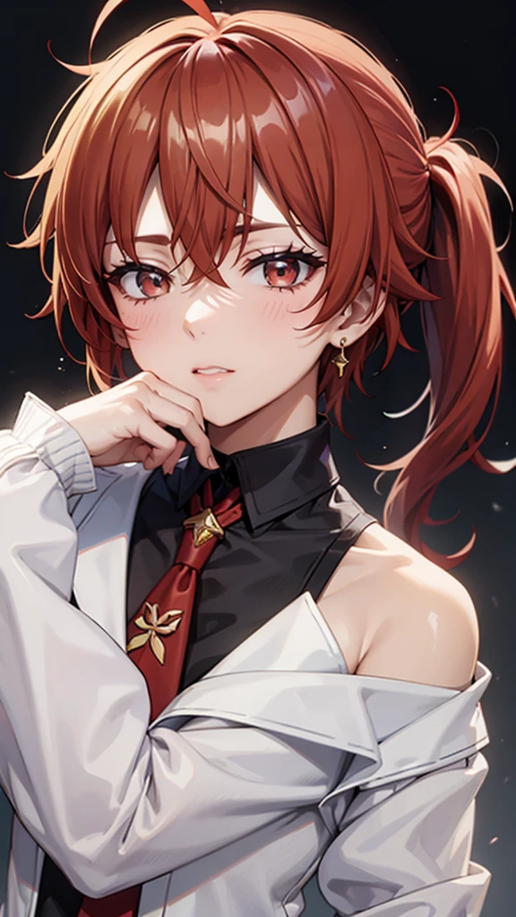 masterpiece, best quality, long time ago (Genshin Impact), 1 boy, Male focus, Red hair, [Red Eyes, Long hair, Solitary, Simple background, White background, Hair between the brows, Bangs, Shut up, Ponytail, spark, Looking at the audience, Antenna Hair, Off-shoulder, shirt, jacket, portrait, black shirt, tie, collared shirt