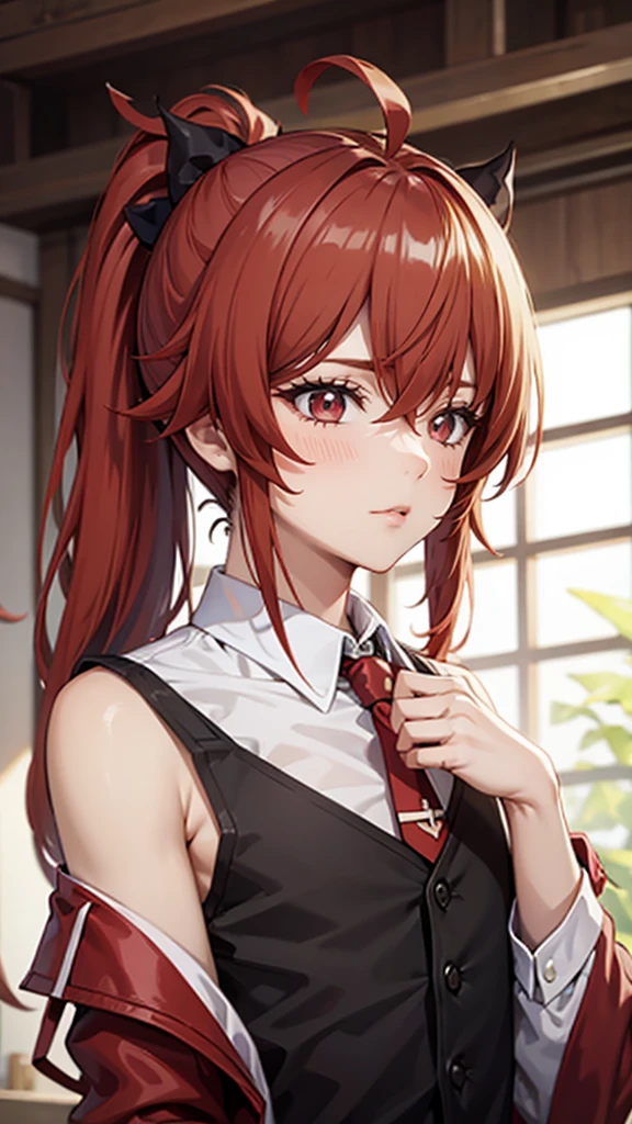 masterpiece, best quality, long time ago (Genshin Impact), 1 boy, Male focus, Red hair, [Red Eyes, Long hair, Solitary, Simple background, White background, Hair between the brows, Bangs, Shut up, Ponytail, spark, Looking at the audience, Antenna Hair, Off-shoulder, shirt, jacket, portrait, black shirt, tie, collared shirt