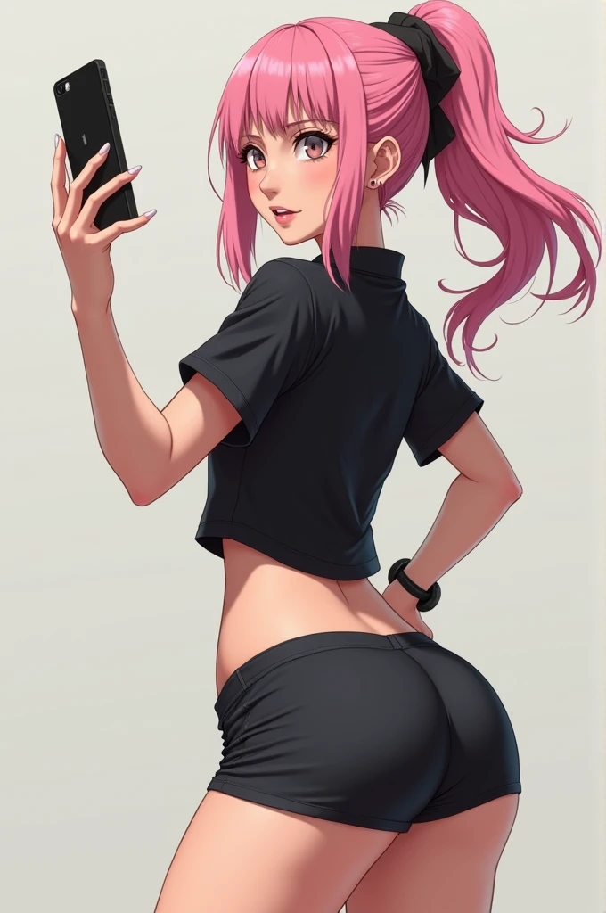 score_9, score_8_up, score_7_up, realistic lighting, photo, photorealistic, 1girl, 18 yo, standing, selfie shot, hands up in hair, young, anorexic, parted lips, pink hair, long hair, looking at viewer, printed top, short sleeves, model face, slim face, pretty face , tight shorts, slightly from below, (outside), belly, slim, shaded silhouette, (skin pores:1.2), (moles:0.8), (imperfect skin:1.1)