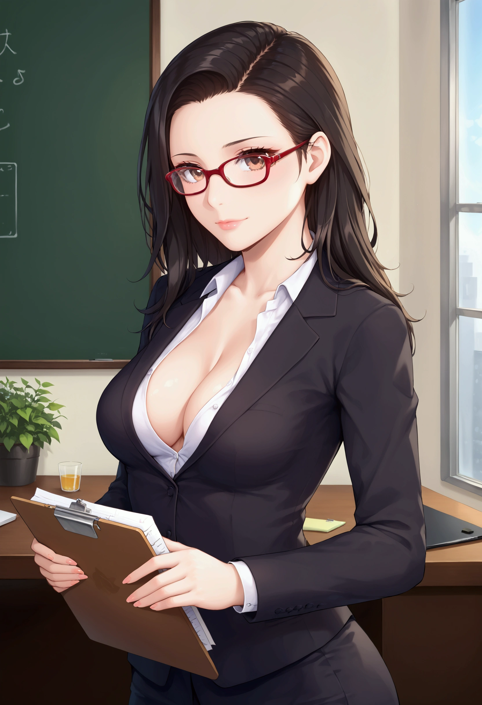 Woman in her 20's wearing a business suit that made her look like a reporter, wearing sexy business glasses, long black hair, medium detailed breasts, cleavage, holding a note pad and writing on it, brown eyes, detailed curves.