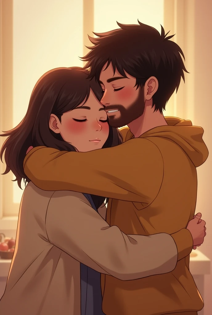 (photoanime:1.2), girl, guy , restraunt, same sofa, having a hug around neck, girl sits on lap of man,she close the eyes, boy wearing brown kameez , girl wearing black pant brown baggy button down shirt, girl with boy cut, boy with beard and mustache,girl having glasses