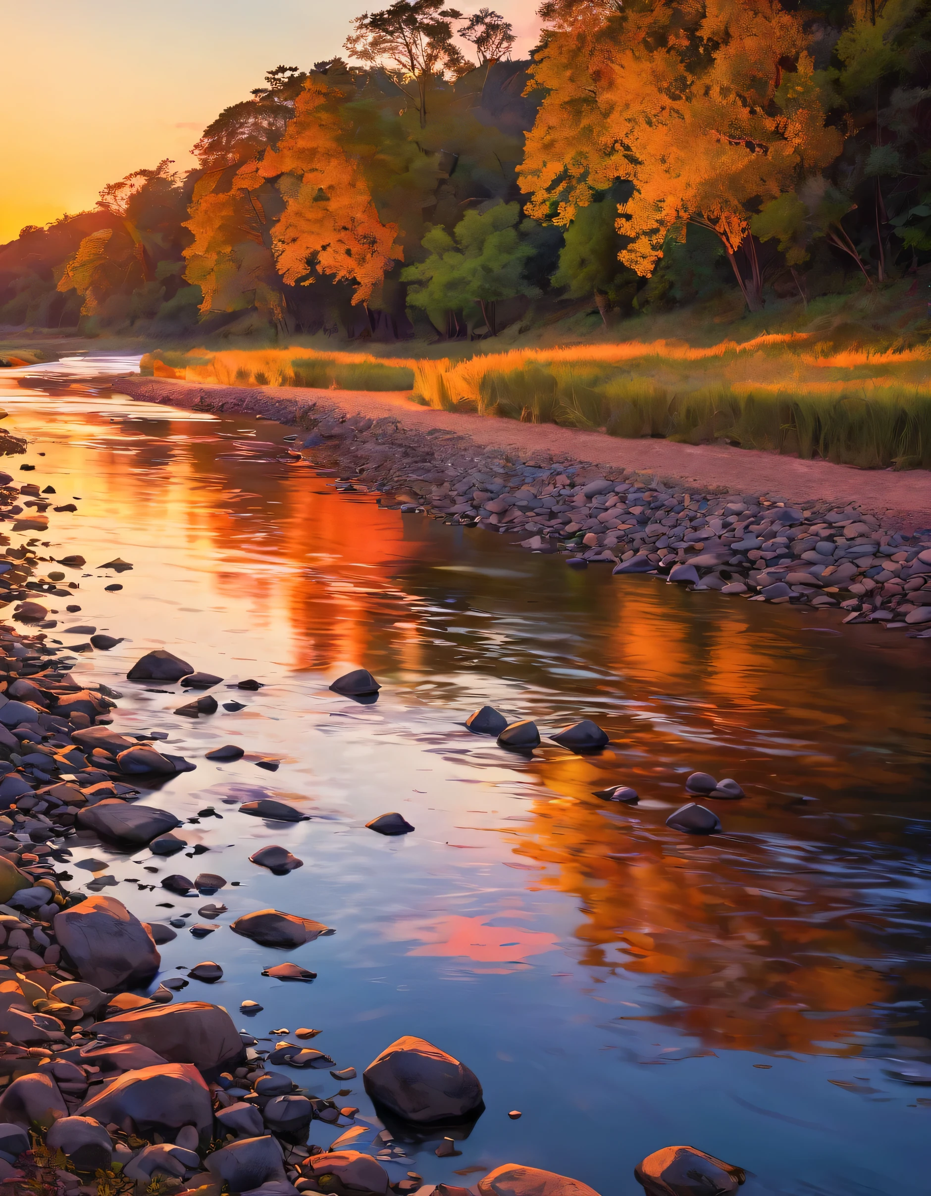 Riverbank dyed in the sunset