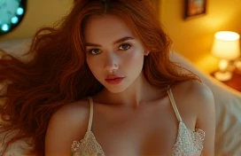 beautiful real teenage girl with long wavy ginger hair, green eyes, detailed facial features, large breasts, wide hips, wearing white lingerie, lieing on her back on a bed and beginning to remove panties. In a bedroom at night with yellow walls with lots of butterflies and rainbow clock, (best quality,4k,8k,highres,masterpiece:1.2),ultra-detailed,(realistic,photorealistic,photo-realistic:1.37),extremely detailed eyes and face,longeyelashes,detailed clothing,highly detailed background,cinematic composition,photorealistic, from above, real,