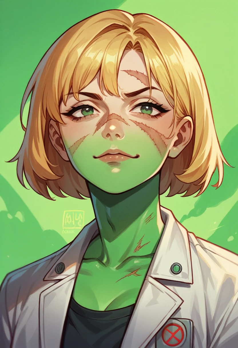 Anime biologist girl, radiation expert, radiation scars on face, short hair, ominous and agressive smug, blonde hair, green goo consuming monster, scientist