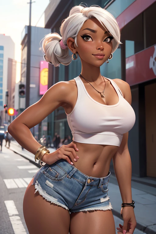 (masterpiece), best quality, expressive eyes, perfect face, front lighting, (farm background), (walking), (seductive look), (cleavage view), (1girl, Nami, 18 years old, grey-blue hair, grey-blue hair, grey-blue hair, BREAK, short hair with hairband, bob hairstyle, brown eyes, hourglass figure, dark skin, tanned skin, tan, skinny body, thin body, medium breasts, wide hips, thick thighs, sholder tattoo, chest tattoo, collarbone tattoo), BREAK, (yellow v-neck shirt, yellow v-neck shirt, yellow v-neck shirt, sleeveless, croptop, exposed cleavage, BREAK, shorts),
