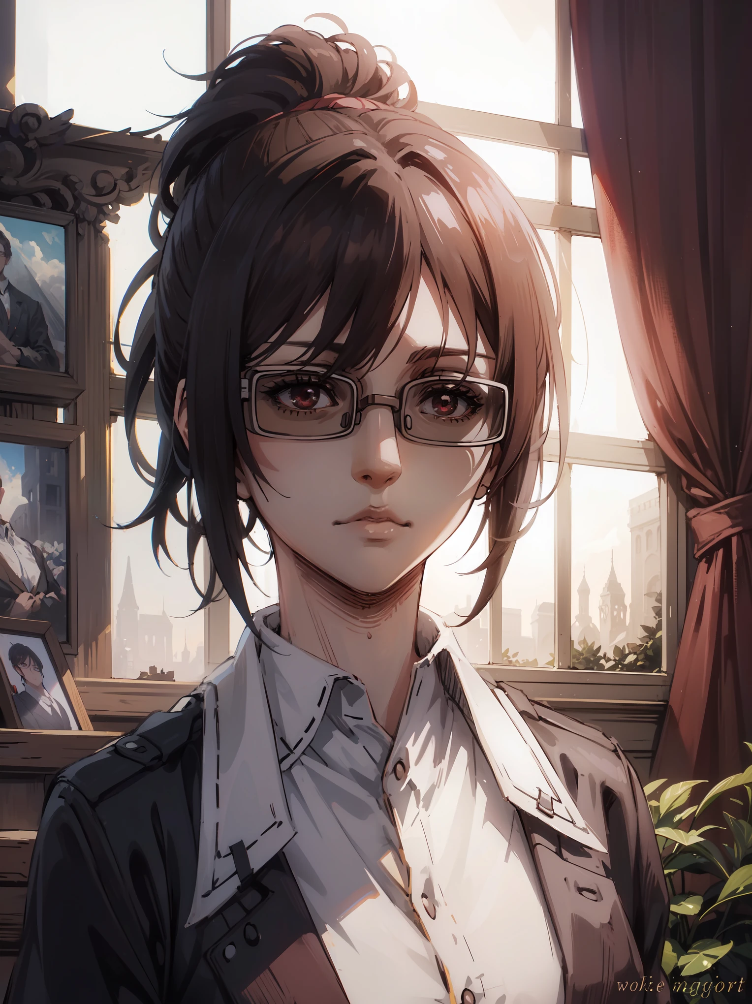 Potrait of beautiful HangeAOT,ponytail,(in full growth:1.4),glasses,1girl, solo,, volumetric lighting, best quality, masterpiece, intricate details, tonemapping