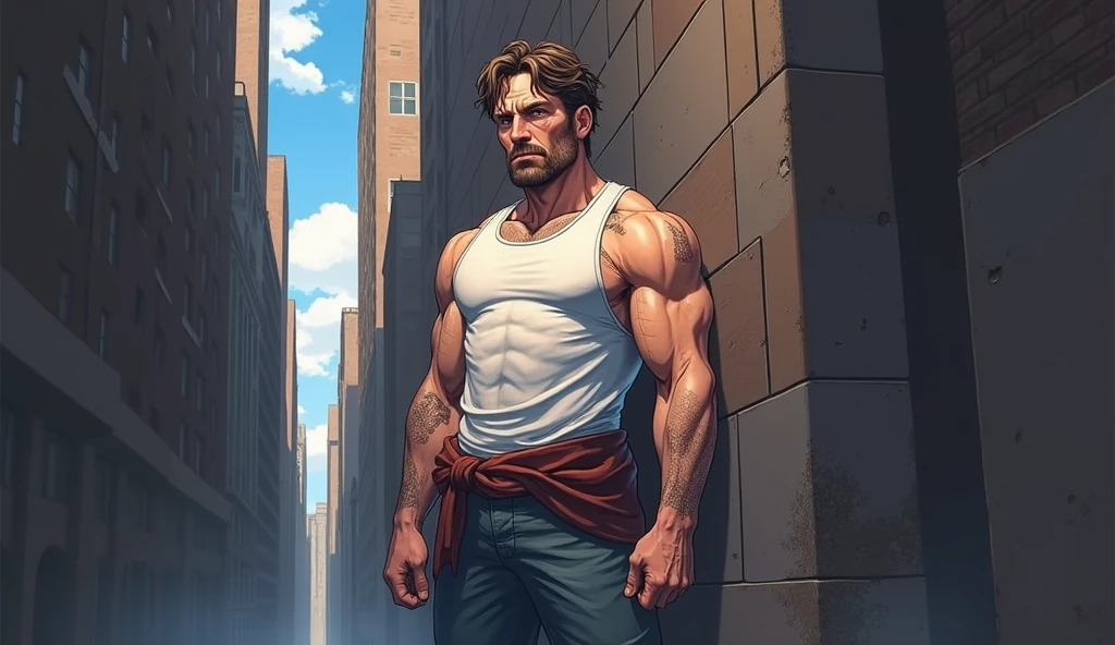 32k, high quality , detailed face , detailed hands , detailed muscles detailed motorcycle , 40 years old (((stephen amell))) standing near his (((motorcycle))), posing in a street ,(((shirtless))) standing with spread legs, showing his muscles, shirtless wearing a very very low dark green pants with brown belt, background brick wall with men health posters