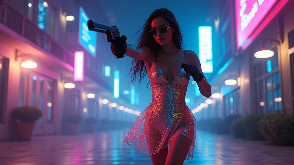 matrix inspired futuristic long corridor with all-glass wall, glowing rainbow auto weapon image displaying on wall, (low angle view), at dark night, background darkness:2.0, (1girl, solo, alone), medium-breast slim:0.6 body, oval:0.5 face, cleavage:1.1, sexy black laced bra, miniskirt, white laced panty, coat, (black micro sunglasses), (holding a short gun), (slightly leaning forward running pose, motion blur effect), (half-body thigh level medium shot), cinematic blurred lighting, ray tracing.