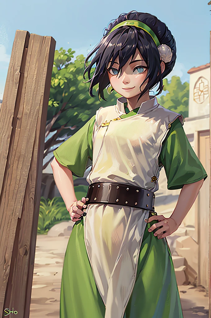 ((masterpiece,Best Quality)), 1 girl, Alone, black fur, hair band, belt, short hair, dress, blue eyes, hair bun, green hair band, blind, Broken Chinese Clothes, hair bun, green dress, short sleeves, cowboy shot, pelvic curtain,smile, Hand on the hip, contrapposto, big hip 