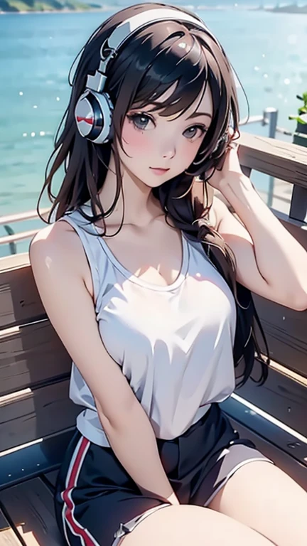 Sexy girl tanktop, beautiful, sitting and listening to music、Wearing headphones, lakeview background, view by viewer