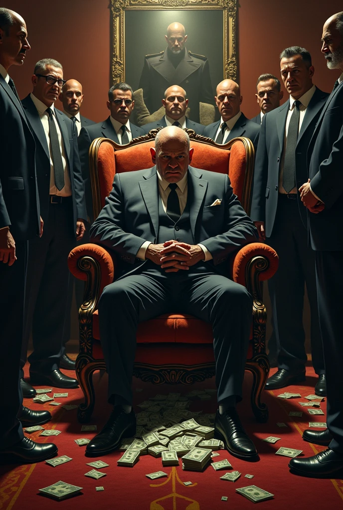 Rich man in suit and tie sitting on a golden throne inside a burning hell,  poor people and slaves around him, poor hungry children agonizing and crying 