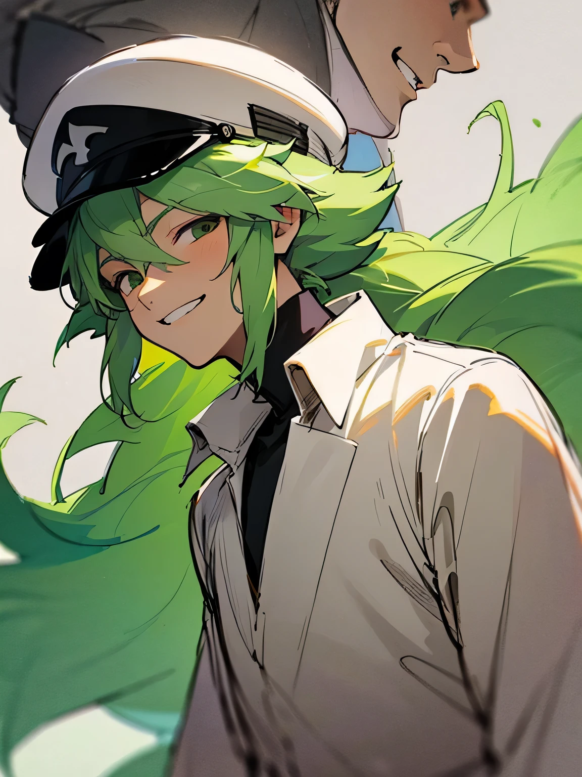 sideview,solo,(looking at viewer:1.3),(close up face),grin,Natural Harmonia Gropius , male focus, white jacket, black shirt, tan pants, white cap, very long green hair,bouguereau,  (manga style),(sketch),(illustration),