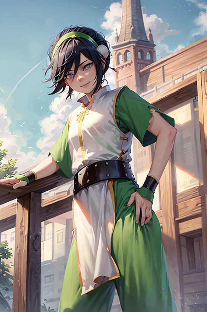 ((masterpiece,Best Quality)), 1 girl, Alone, black fur, hair band, belt, short hair, dress, blue eyes, hair bun, green hair band, blind, Broken Chinese Clothes, hair bun, green dress, short sleeves, cowboy shot, pelvic curtain,smile, Hand on the hip, contrapposto, big hip, PROVOCATIVE POSE, rear camera, torn clothes 