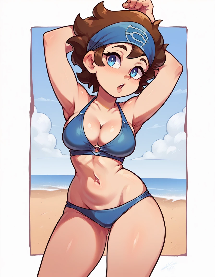 1girl, Maypokemon, blue bandana, brown hair, short hair, blue eyes, posing in a blue bikini with her arms up, breasts, cleavage, thighs, beach, 