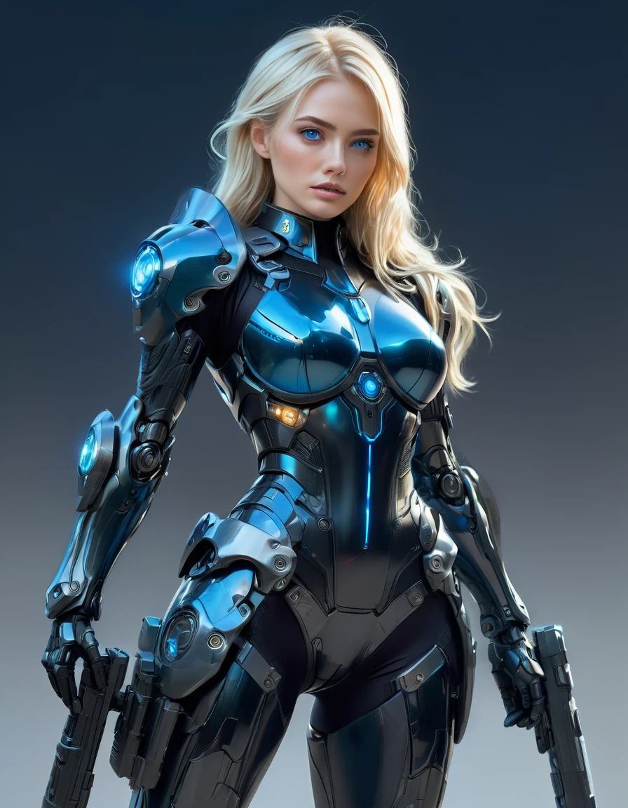 Female police officer wearing exoskeleton cyber armor, The armor is tight fitting and he holds a plasma gun in his hand., Whole-body view, Maximum details, Great quality with detailed drawings, 8k,chest, blue eyes, blue eyes, Look at, Look at, High resolution, Ultra high definition, Highest quality, Shortcuts, 大きなchest, Cinematic light effects, Futuristic, Blonde, 