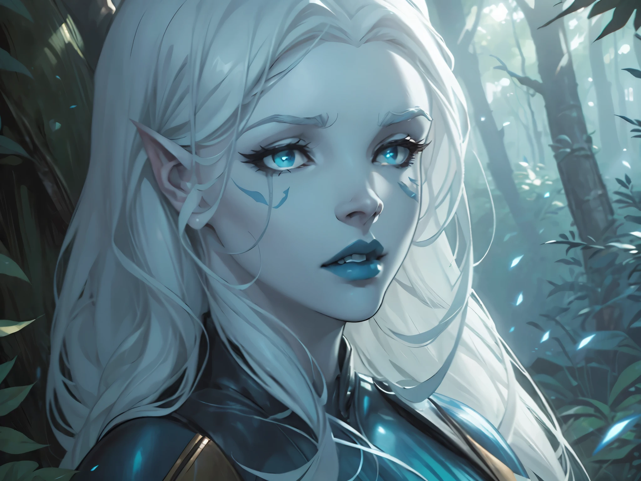 star wars, jarael, pale white skin, long white hair, ((blue lips)), lying in the shade of giant trees in the middle of a lush forest