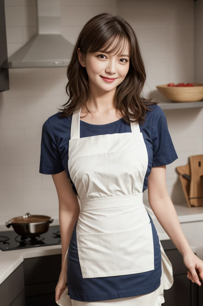 The most beautiful women over 40, Detailed eyes, double eyelids, Detailed Lip, A light smile, Big breasts that look like they can pop, (((Short white apron))), Short brown hair, Thighs, Vertical, (Realistic:1.4), (Best image quality:1.0), (Ultra-high resolution:1.0), 8k, Live Shooting, (masterpiece), [background; ((kitchen))