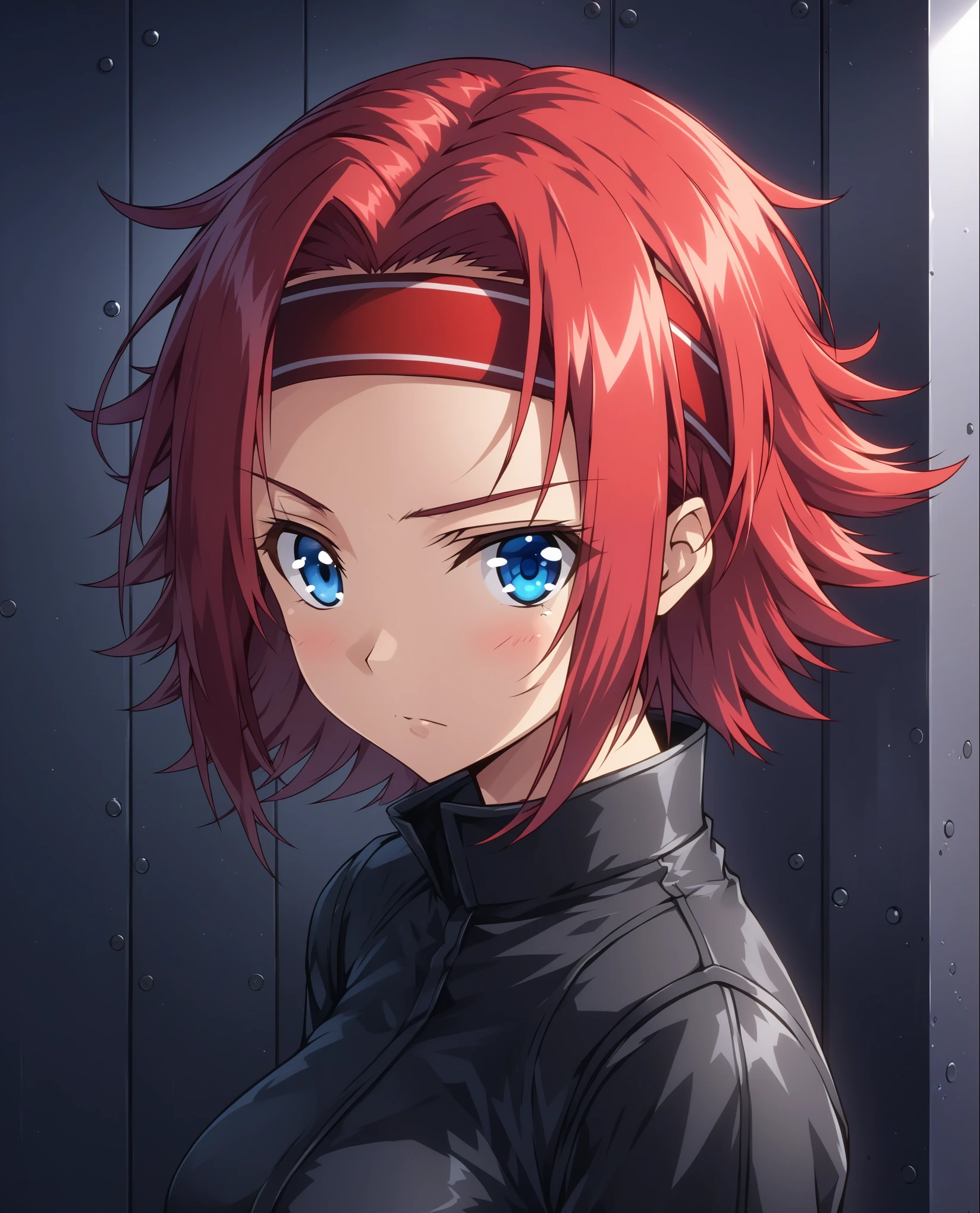 Kallen, 1girl,solo,looking at viewer,short hair,blue eyes,closed mouth,upper body,red hair, red headband,indoors,black costume, long sleeves,metal walls,flipped hair