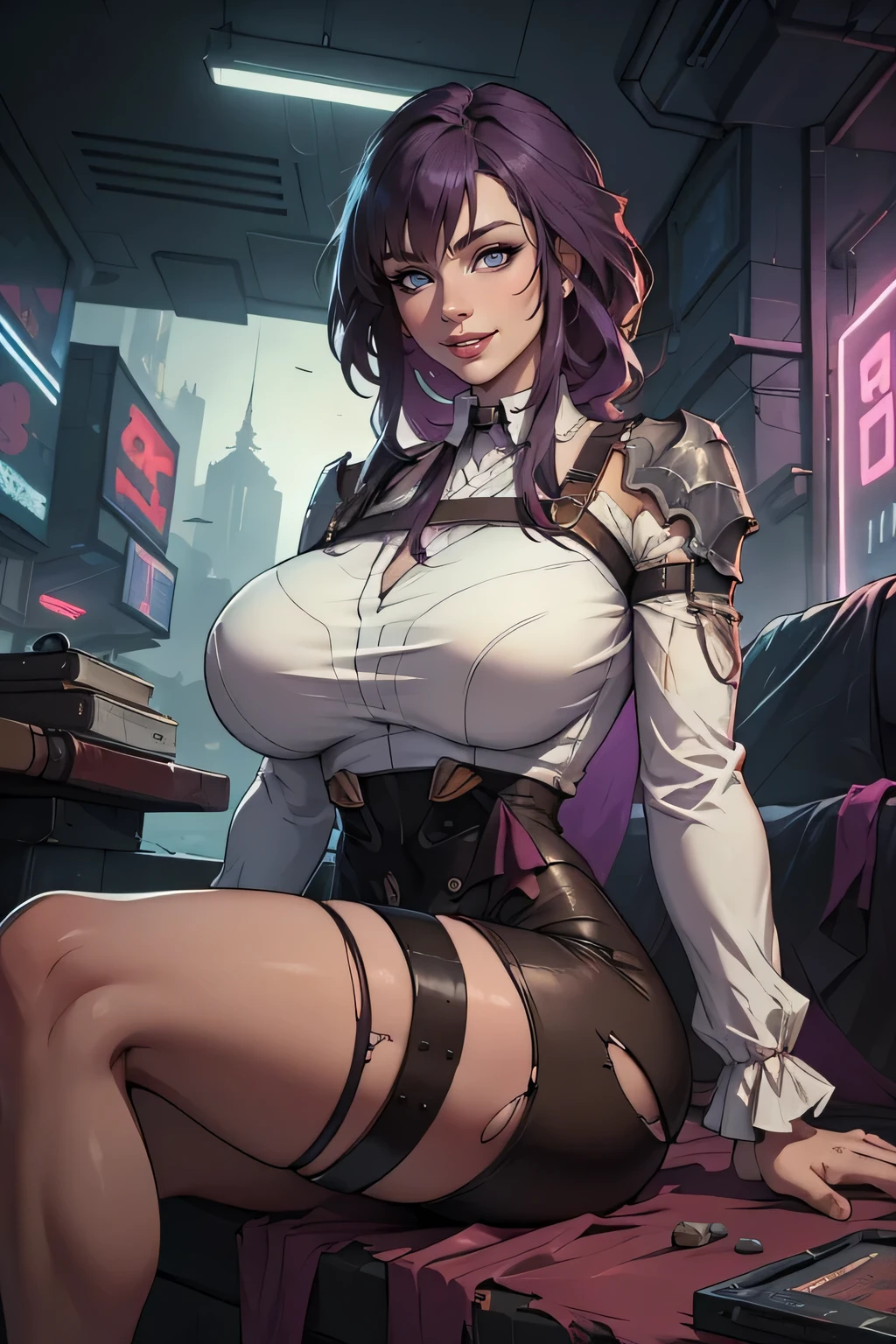 kafka style, 8k, HDR, motor ureal, ultra quality, big breasts Beautiful woman purple hair, sitting cross-legged, torn clothes, long breasts,detailed realistic cyberpunk style, brown hair, cos,