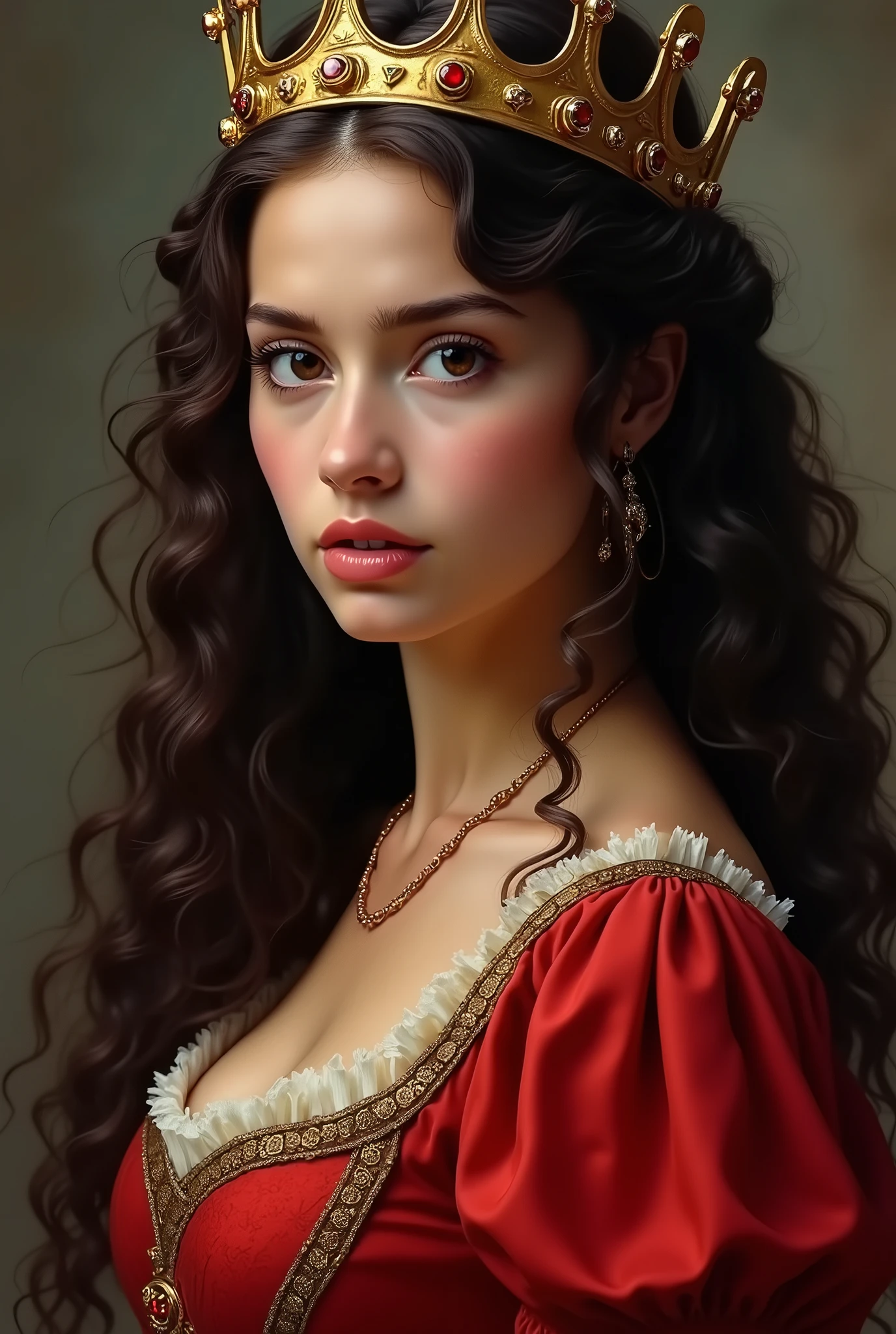 A close up of a woman wearing a crown and a red dress - SeaArt AI