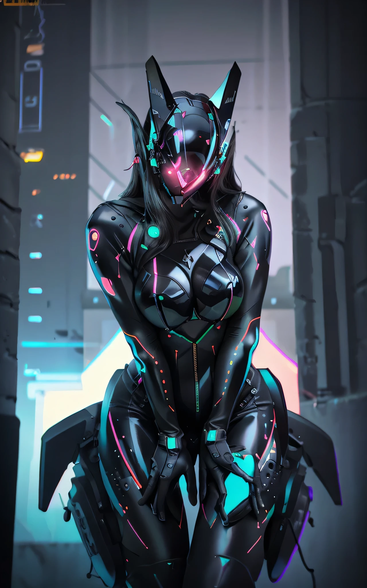Image 16k, Great [Catwoman | Catwomen], black tight leather biker suit on the body, biker costume, biker gloves, (big breastes), (slim athletic body), futuristic (All closed cyber helmet) with big cat ears, faceoff, ciberpunk, lascivious, enticing, Tilting, Tilting, sexypose, Top view, (against the backdrop of the night neon cyber city), Detailed digital art, Cybernetics, Detailed palms, detailed biker gloves, glowing neon inserts on the suit, neon helmet visor