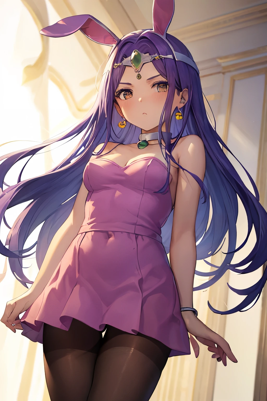 (Highest quality:1.2), Alone、dqMinea, circlet, earrings, choker, bracelet, ((Bunny girl))、(blush:1.1), Embarrassing, View your viewers、((Photo from below))、((pantyhose))