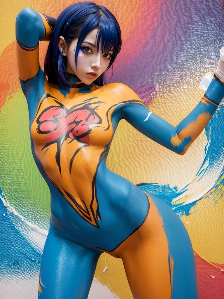 coquettish girl , skinny body , euphoria , bold action , sloppy anime costume bodypaint , melting paint of bodypaint , in comicon , Contemporary dance