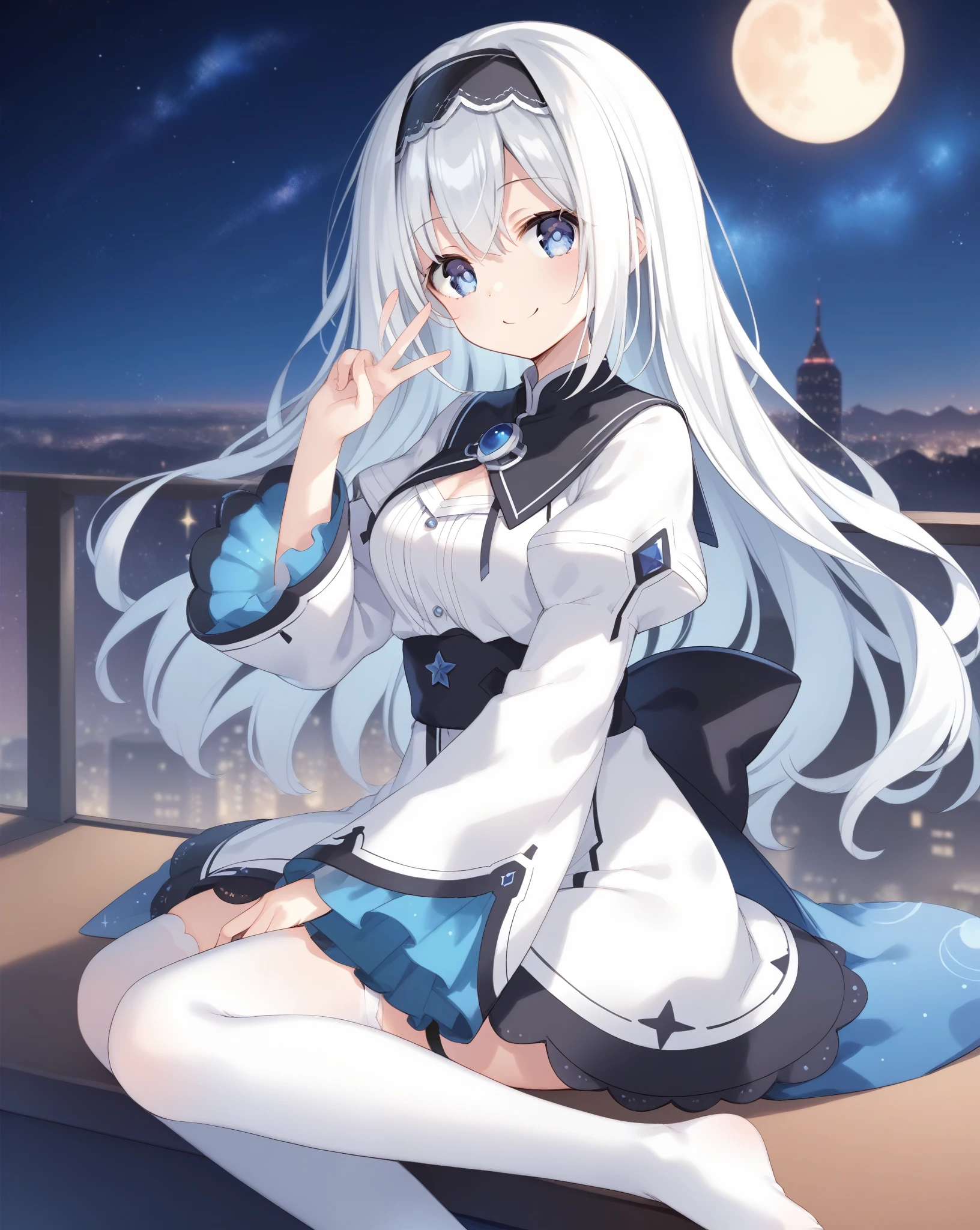 score_9, score_8_up, score_7_up, arusu maria,1girl, solo, long hair, blue eyes, white hair,hair between eyes,white dress,white thighhighs, long sleeves, wide sleeves,black hairband,Face, peace pose, smiling, sit, rised hand, cheerful, black night sky, stars in the sky, universe in the sky, bright eyes, cute pose, ass, feet, chest, arms, curves, face, thighs, hair, city in the far away, night
