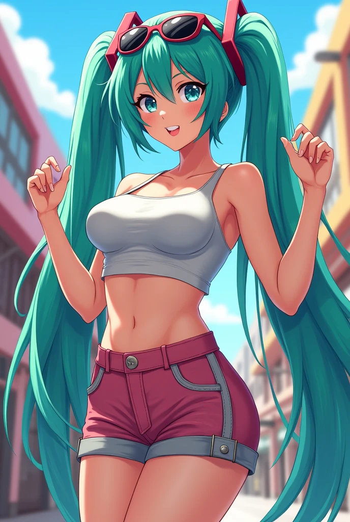 Hatsune Miku, tanned skin, unbuttoned short shorts, yellow crop-top, thong