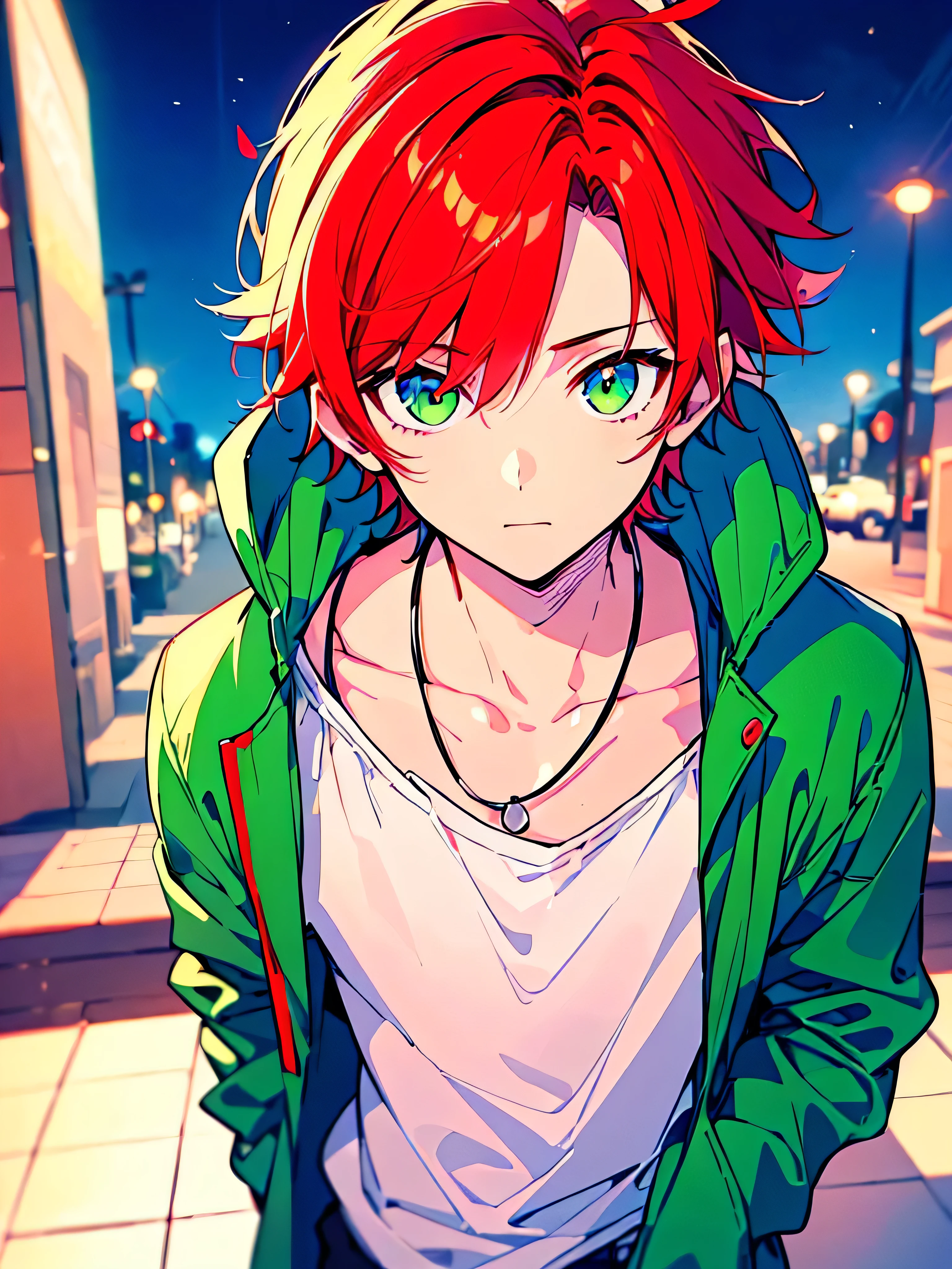 Anime boy with red hair and green eyes standing on a sidewalk - SeaArt AI