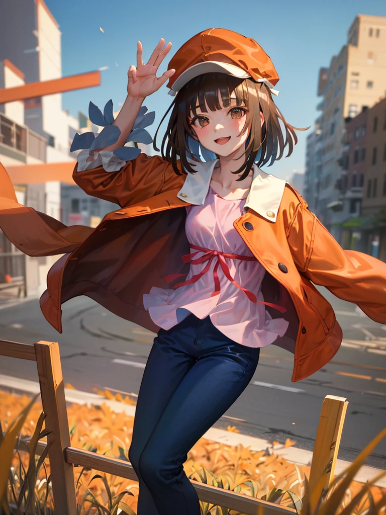 masterpiece, best quality, highres, aanadeko, short hair, brown hair, cabbie hat, orange headwear, blunt bangs, brown eyes, jacket on shoulders, orange jacket, pink shirt, ribbon, blue pants, waving, field, smile,