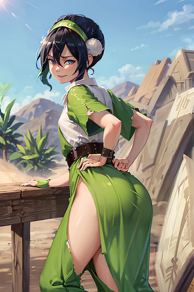 ((masterpiece,Best Quality)), 1 girl, Alone, black fur, hair band, belt, short hair, dress, blue eyes, hair bun, green hair band, blind, Broken Chinese Clothes, hair bun, green dress, short sleeves, cowboy shot, pelvic curtain,smile, Hand on the hip, contrapposto, big hip, PROVOCATIVE POSE, camera from behind, torn clothes, big butt, short and demonstrative clothing 