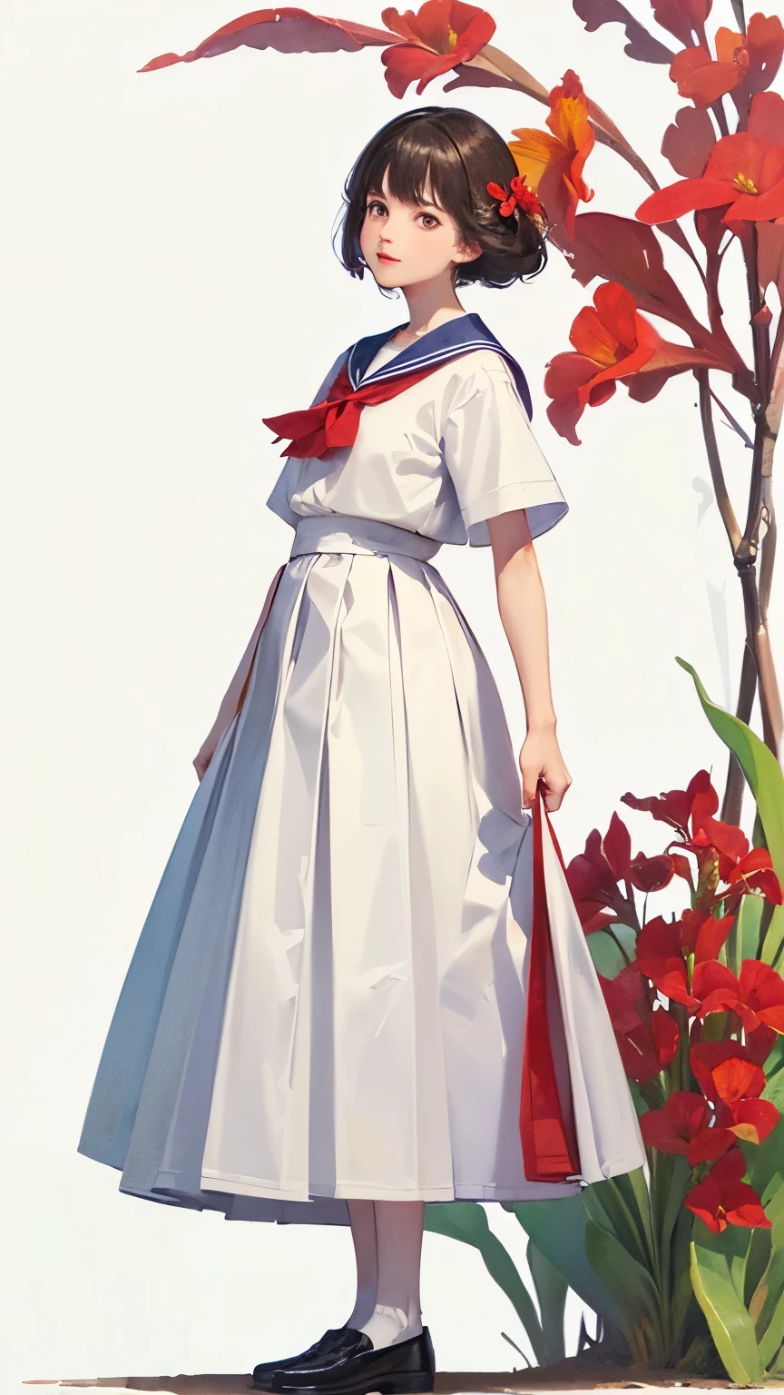 (1 girl、alone、whole body、Natural standing posture)、(Standing casually)、(whole body:1.4)、(whole bodyショーケース)、(whole bodyを見せる)、((Character Concept Art]))、(Portraiture:1.2)、(Detailed facial expressions、A kind smile)、Short dark brown hair、White Sailor Suit、Navy blue sailor collar、Uniform、Long Skirt、Pleated skirt、shoes、loafers、(Vintage、Classic)、(Red canna flowers blooming)、((White background))、Blur the background、(No logo)、((Watercolor of singer Sargent))、Impressionist painting、(Highest quality、masterpiece)、