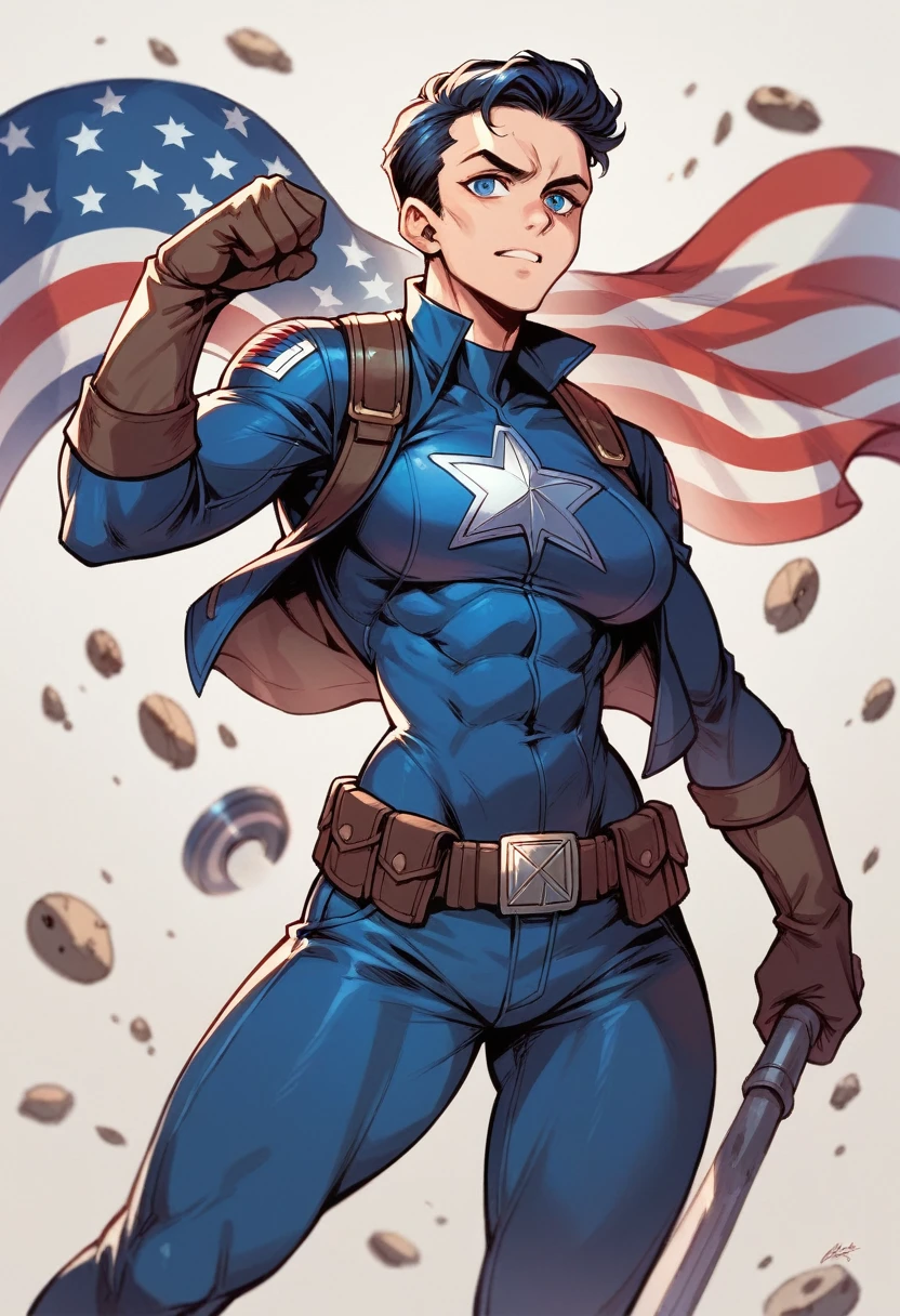 (((Simon Bisley))), (((flag))), Mature woman 35 years muscular beautiful, (((full body)))), , giant robot pilot, wild with perfect body, bare thighs, wearing little clothing, dark blue clothing with white stars, red with white stripes, tiny thong, hoarse with the colors of the United States flag, sensual pose, pose with attitude, add movements, large breasts, technological scenery