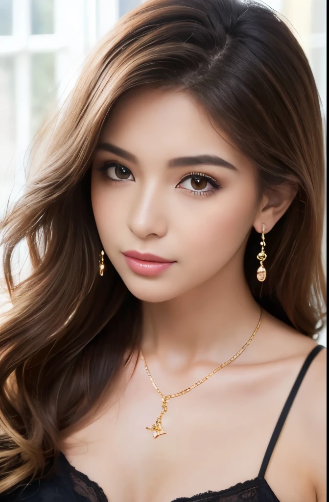 (masterpiece), extreme close-up portrait of macela, , 1woman, pale bright delicate skin, (oval face:1.2), (curvy body:0.3), pretty face, vivid illumination, masterful technique, creative refinement, official onlyfans, Best quality, masterpiece, (photorealistic:1.2), (wearing necklace), beautiful eye, real skin texture,