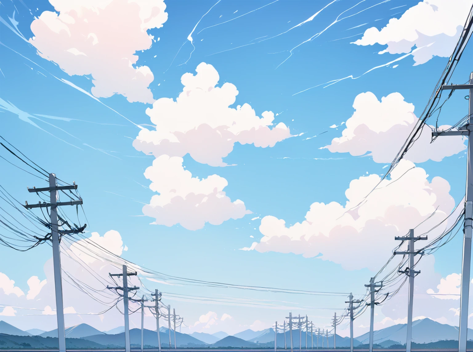 High resolution, masterpiece, Highest quality,Line art,Simple Background,(Electric pole),(electric wire),Blue sky with clouds