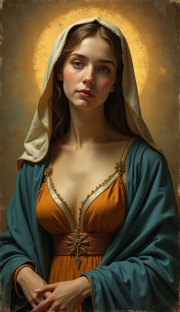 A very beautiful triptych of the Virgin Mary and her biography, Reddish beige lingerie and blue cloak and veil, Staring at the camera with moist eyes,Images in the Triptych with Mary's Love