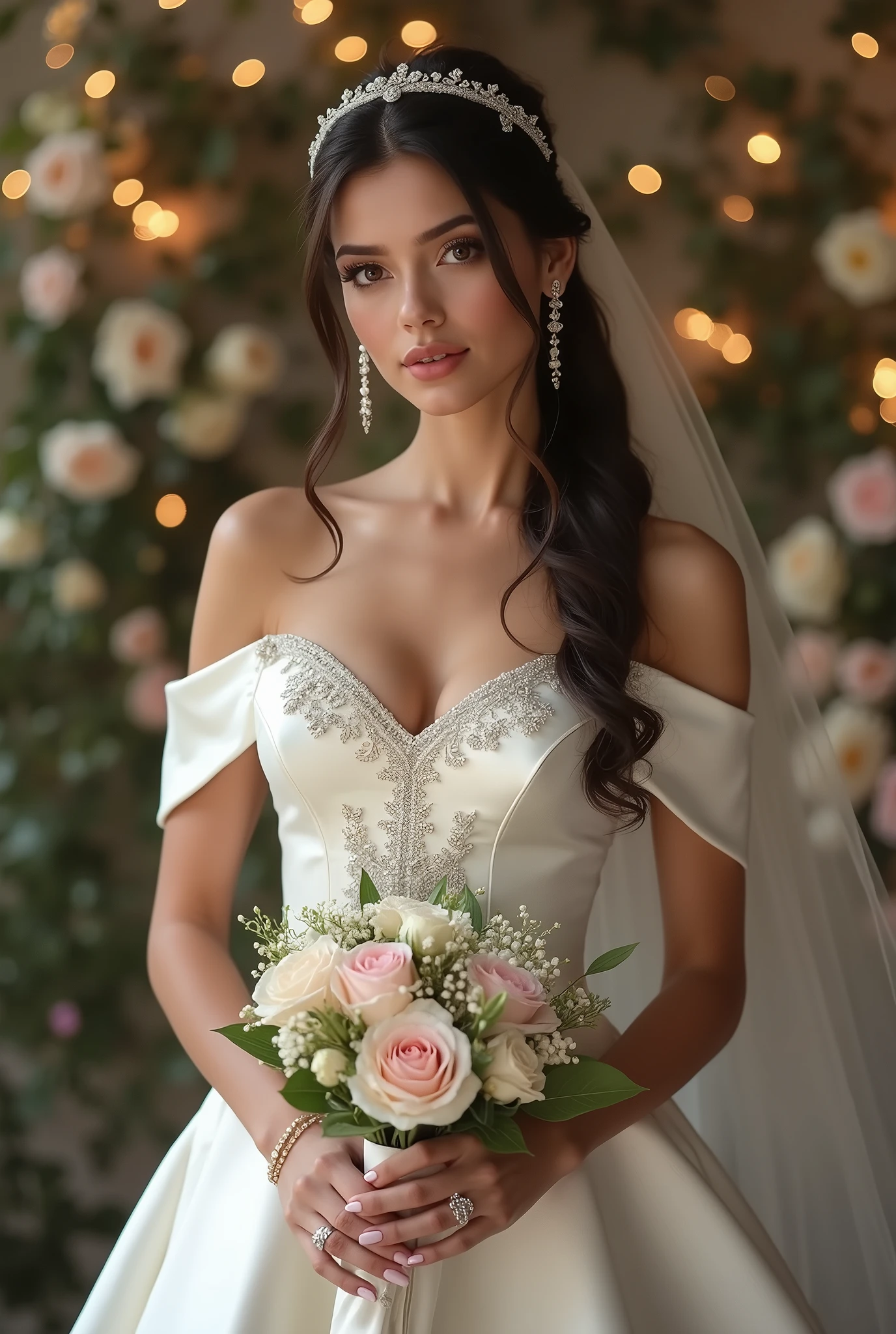 (Highest quality、Tabletop、8k、Best image quality、Award-winning works)、One beautiful bride、(alone:1.1)、(The most extravagant and gorgeous huge wedding dresses:1.1)、(Perfect Wedding Lace:1.2)、(The most extravagant and luxurious giant tiara:1.1)、(The most extravagant and luxurious giant necklace:1.1)、The most beautiful smile is looking at me、A wide selection of the finest jewelry、(Bridal upper body photo:1.1)、Perfect Makeup、Long eyelashes、Ultra HD Shining Eyes、Ultra HD Hair、Ultra High Resolution Glossy Lips、Ultra High Resolution Perfect Teeth、Beautiful face in ultra-high definition、(Accurate anatomy:1.1)、(Very bright and beautiful skin:1.2)、(very bright and vivid:1.2)、(Luxury wedding venue background:1.1)